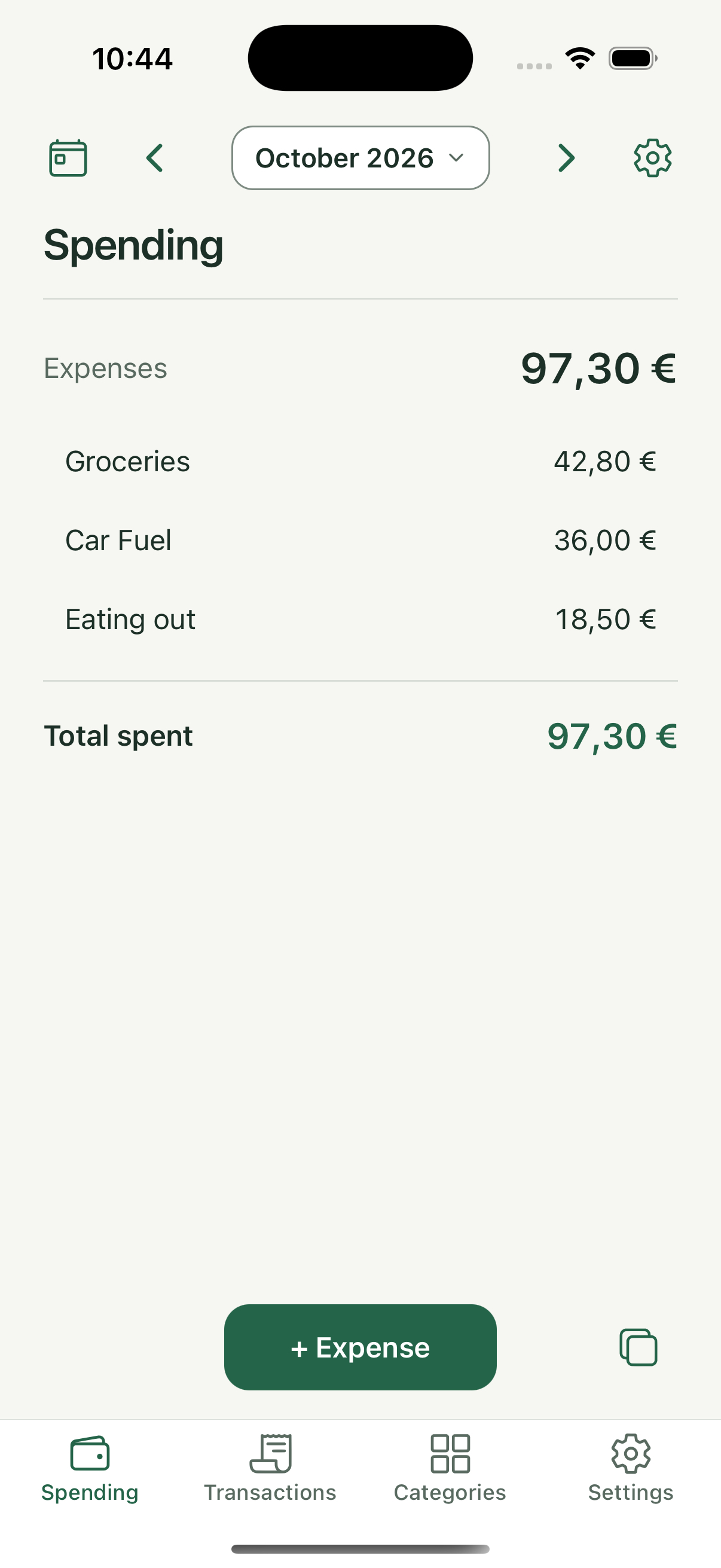 Daily Expenses on iPhone showing a monthly spending report with sample expenses totaling 97.30 euros
